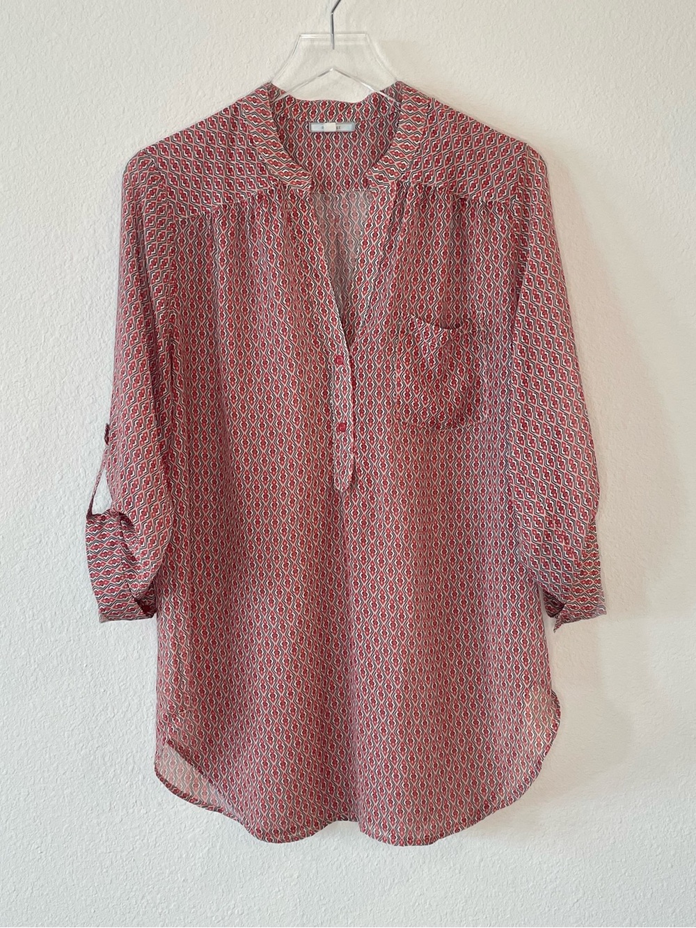 Pleione Red Patterned Semi-Sheer Button Pullover Blouse